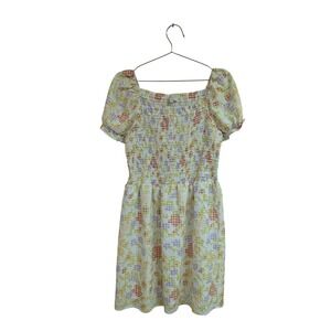 Loft Gingham Flower Puff‎ Sleeve Dress Mini Smocked Cute Girlie Pastel Medium